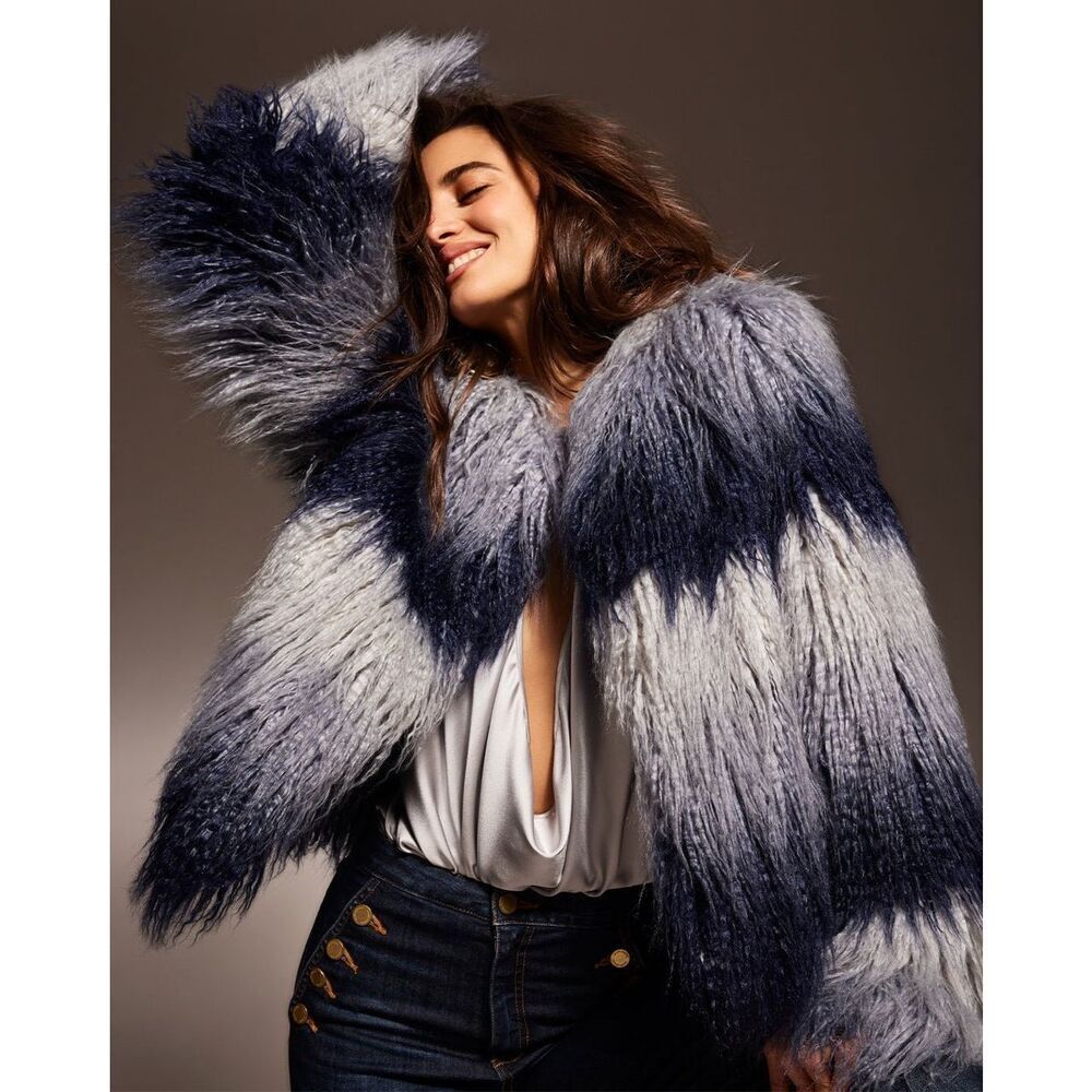 Ramy Brook Striped Faux Fur Coat | Navy Ombre Gray Samuel | Size XS - Picture 5 of 10